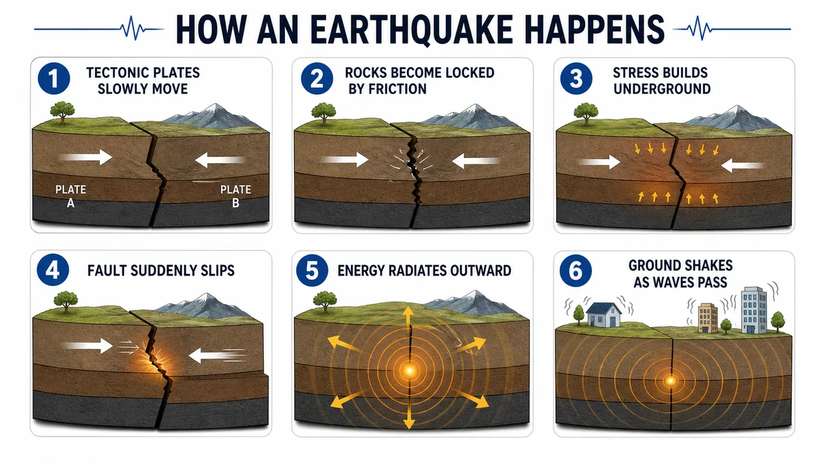 Step-by-step earthquake formation infographic showing moving tectonic plates, friction lock, stress buildup, fault rupture, seismic wave release and surface shaking
