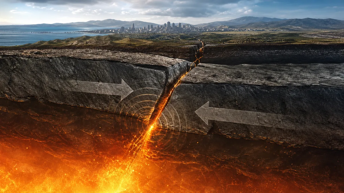 Massive tectonic plates deep beneath the Earth's surface pushing against one another while energy builds along a fault line, dramatic underground cutaway view