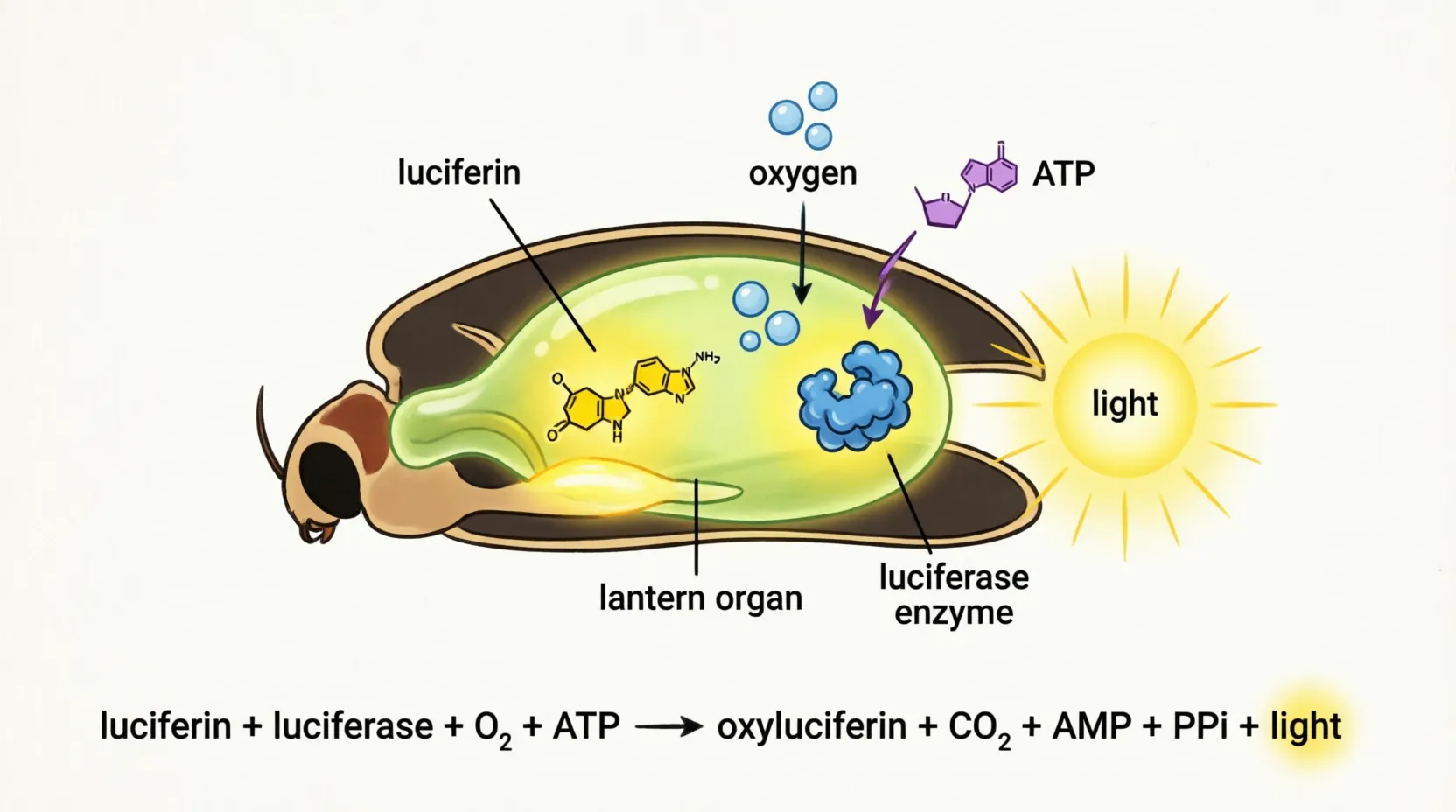 Diagram showing the chemical reaction pathway of firefly bioluminescence