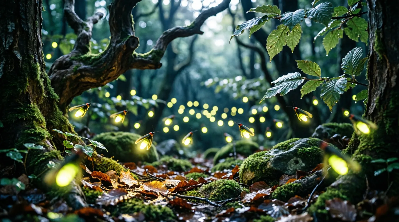 Fireflies glowing in a summer meadow at night