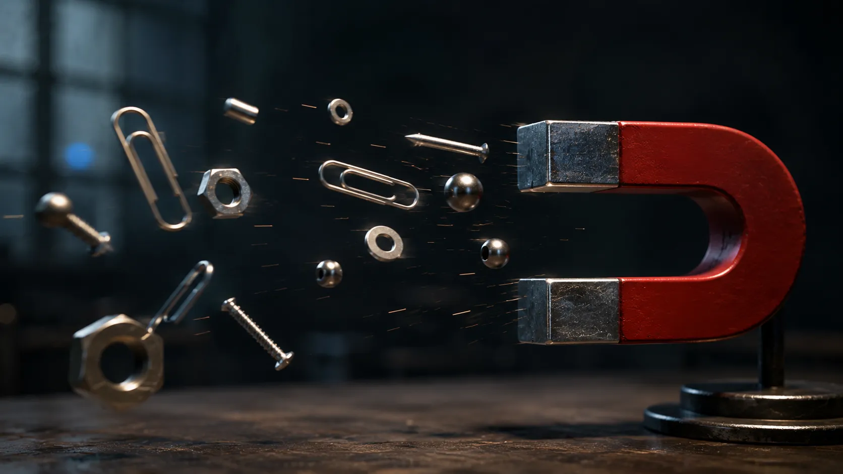 Close-up of two magnets attracting each other with metal filings showing the field lines between them