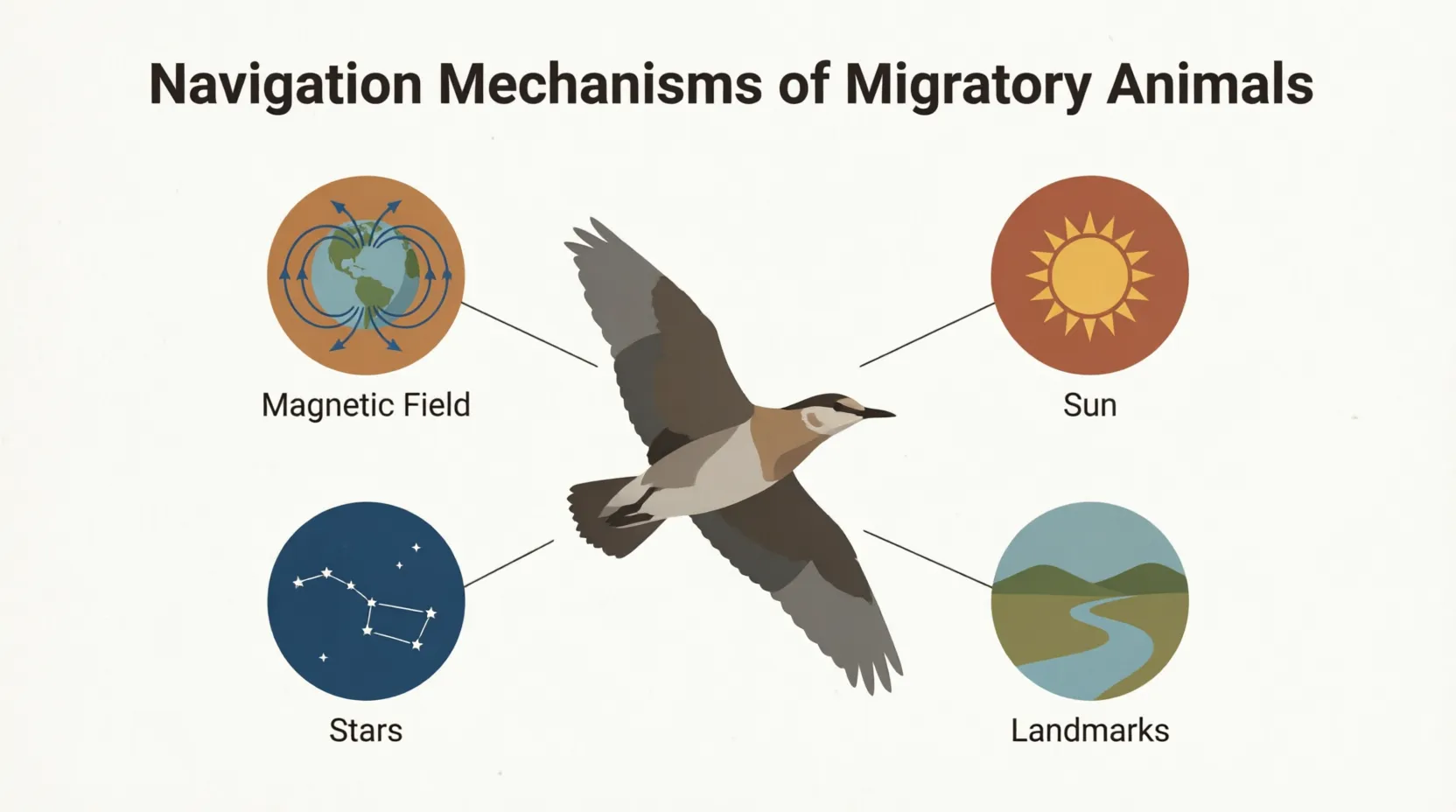 Diagram showing bird using sun, stars, magnetic field, and landmarks for navigation