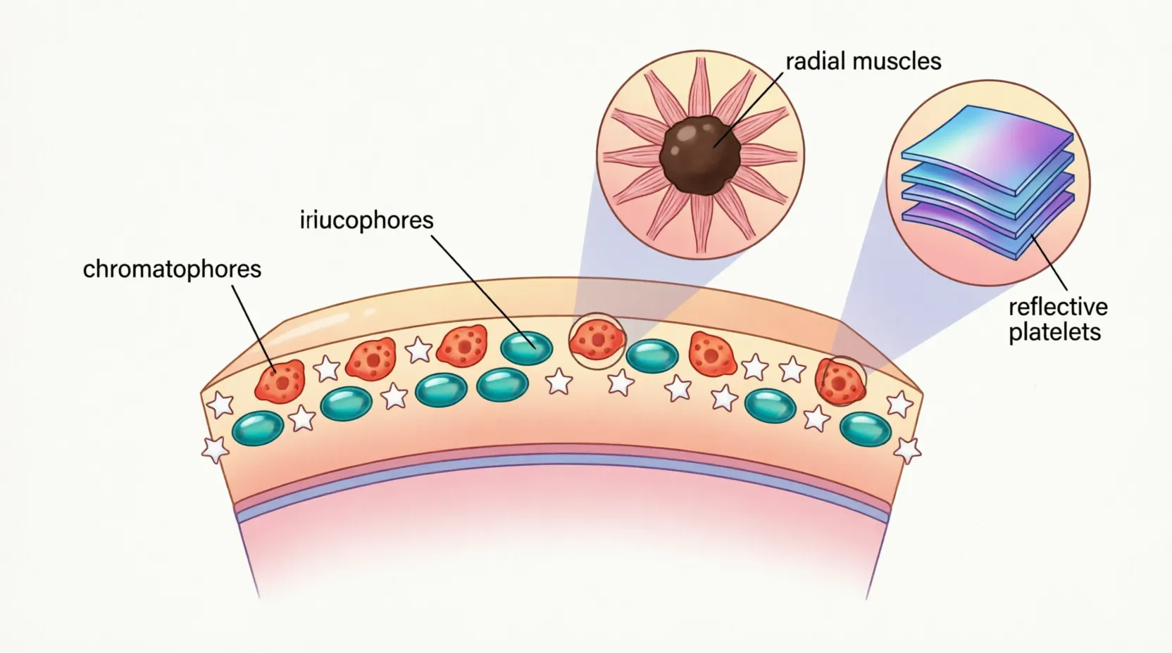 Diagram of octopus skin layers showing chromatophores, iridophores, and leucophores