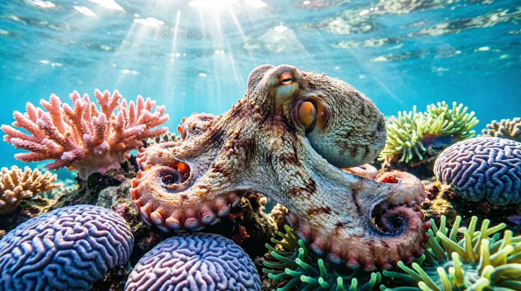 Octopus camouflaged against coral reef