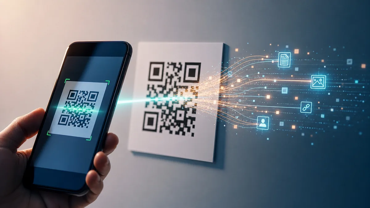 A smartphone scanning a QR code while hidden digital information emerges from the pattern as glowing data pathways