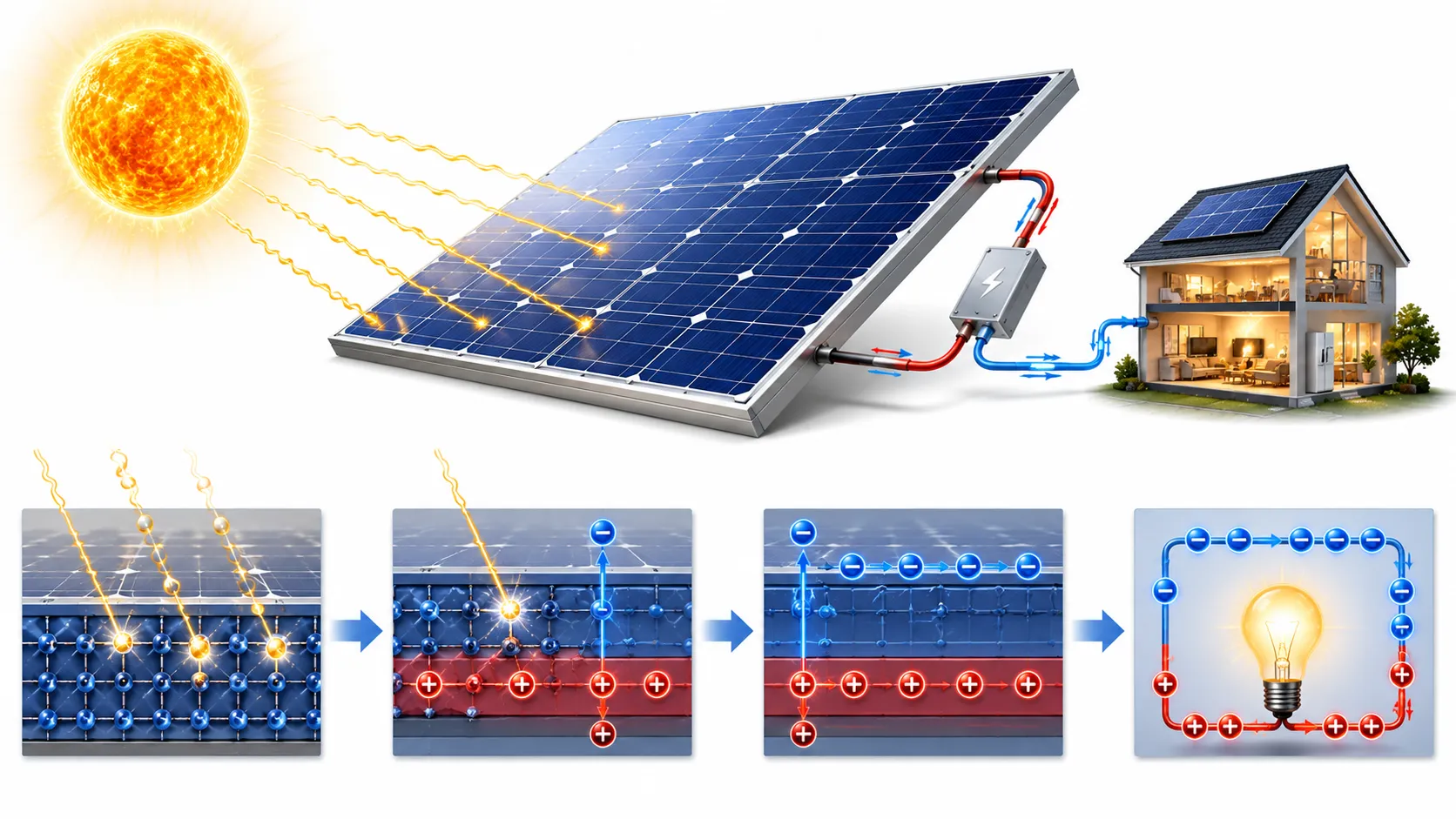 Step-by-step diagram showing photons, silicon photovoltaic cells, electron flow, inverter, home wiring, battery storage and grid export