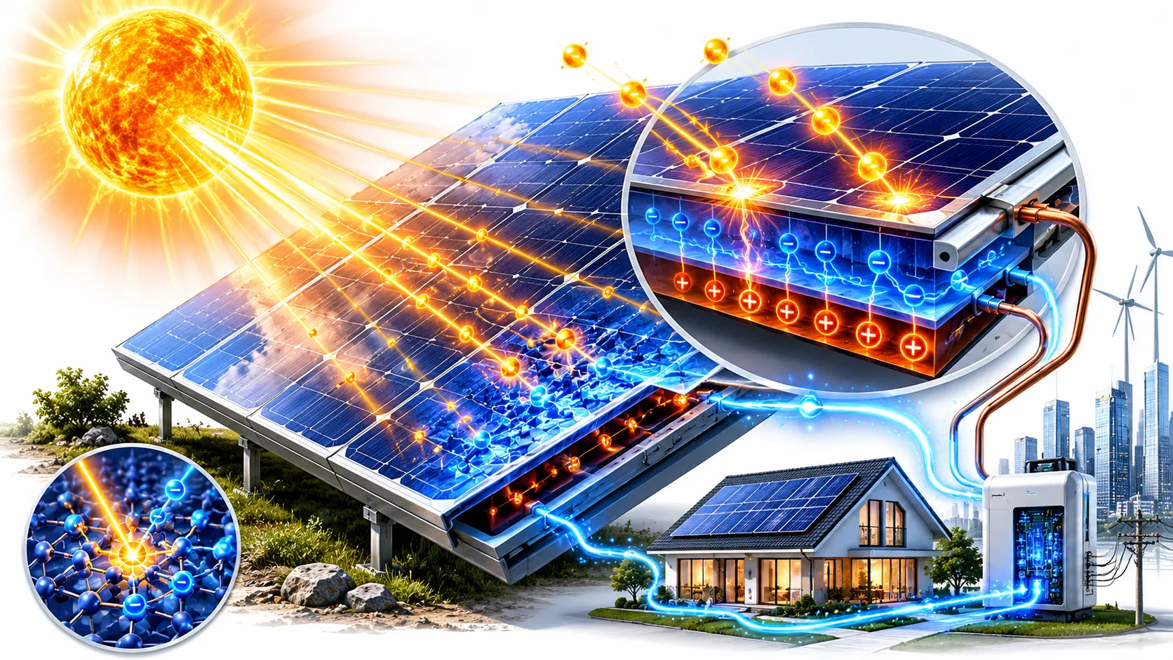 Sunlight striking a rooftop solar panel while glowing electrons flow toward a home electrical system