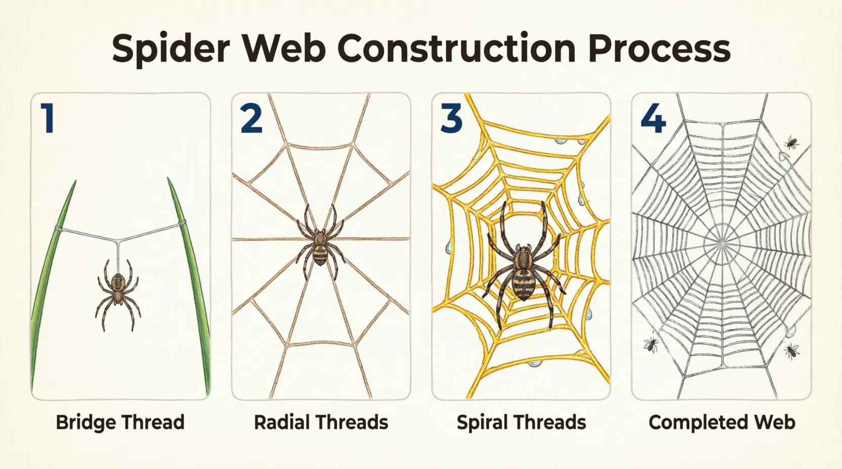 Diagram showing stages of orb web construction