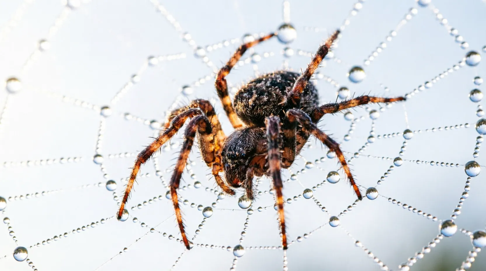 Orb web with dewdrops in morning light