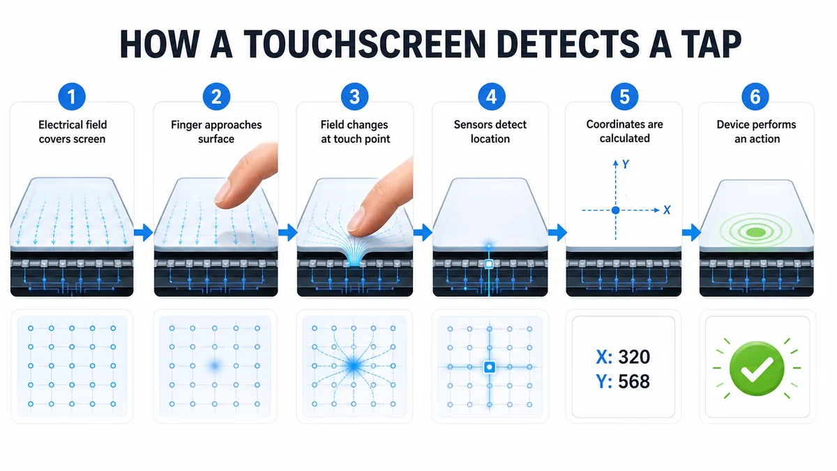 Step-by-step infographic showing electrical field, finger interaction, sensor detection, coordinate calculation and device response