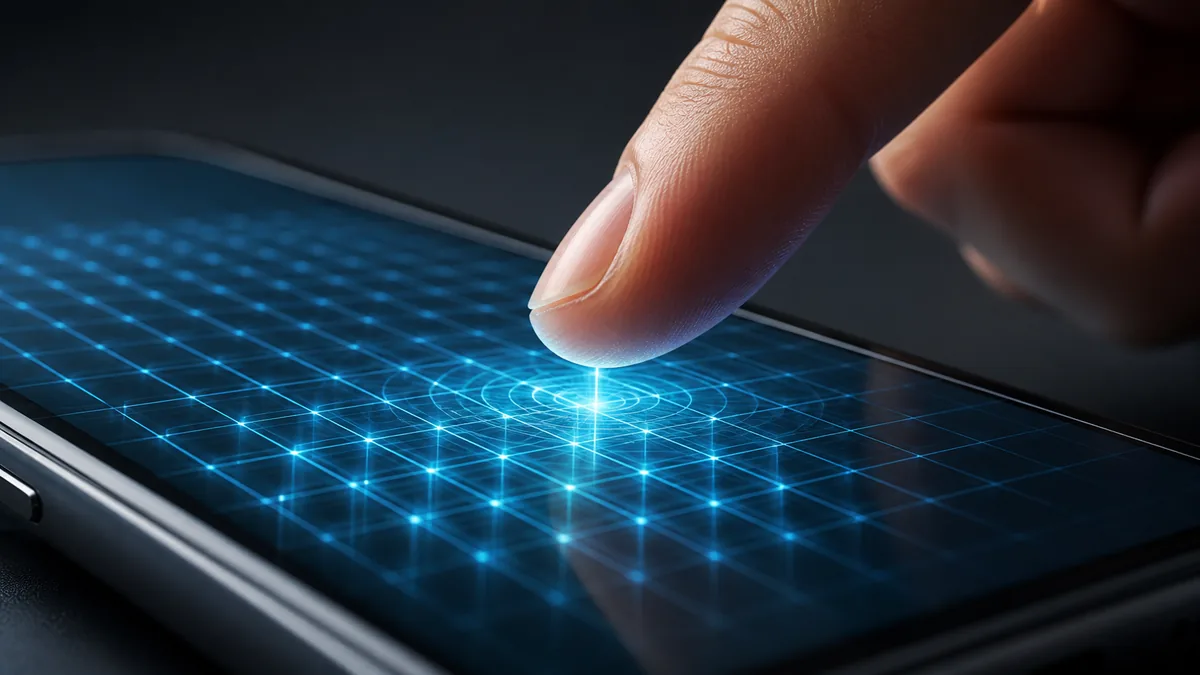 A finger approaching a smartphone screen while invisible electrical grid lines glow beneath the glass