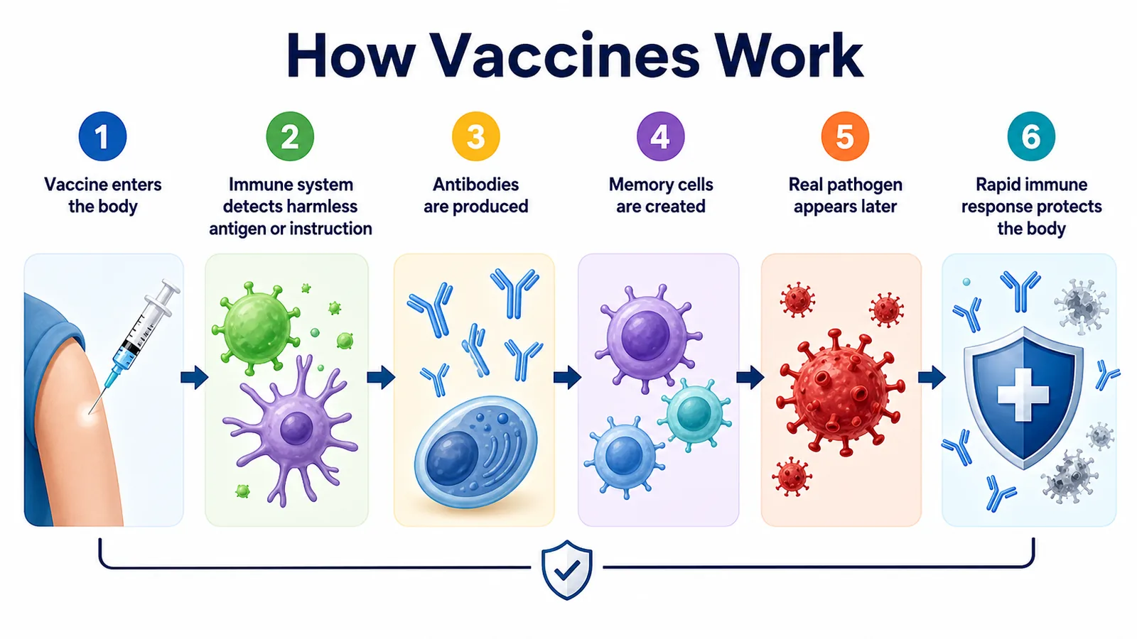 Step-by-step immune memory diagram showing vaccine antigen, antibody creation, memory cells, and faster immune response to a future pathogen