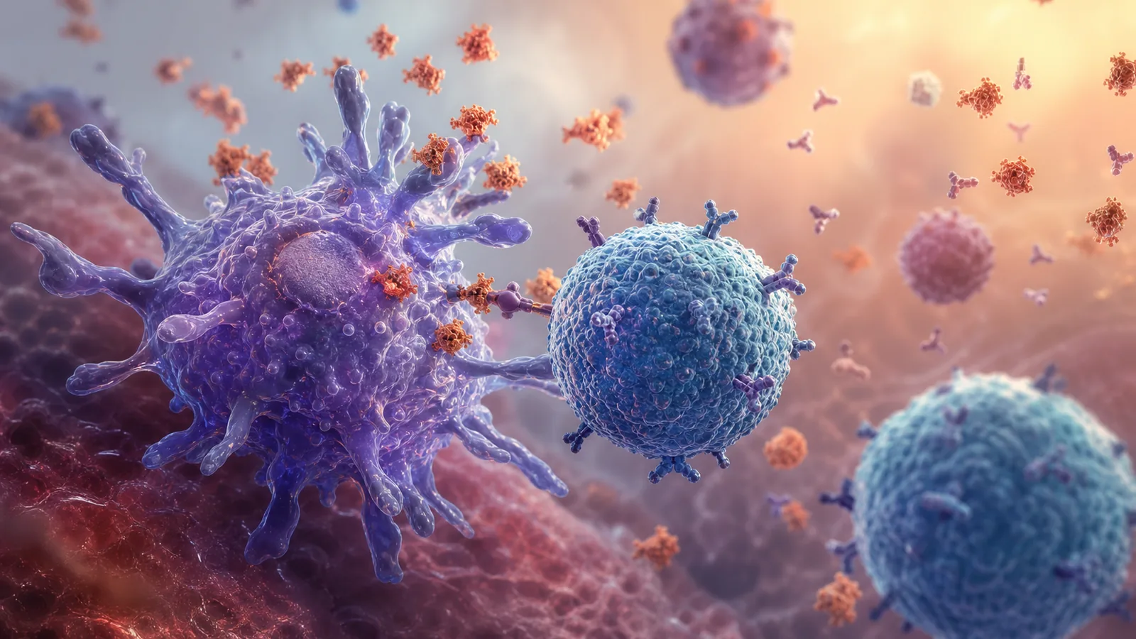 Friendly educational illustration of immune cells learning to recognise a harmless vaccine antigen