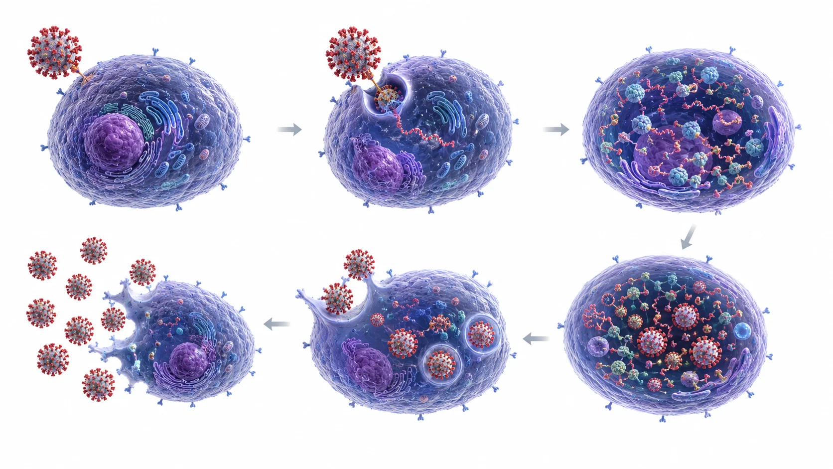 Diagram of viral infection cycle showing attachment, entry, replication, assembly and release from host cell