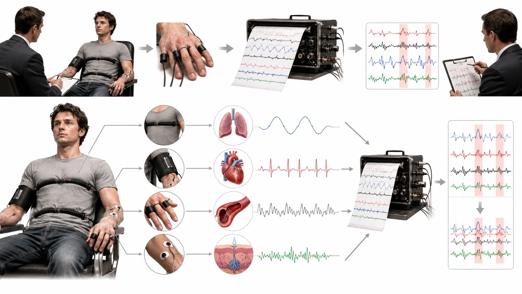 Diagram showing the four polygraph sensors and the body signals they measure