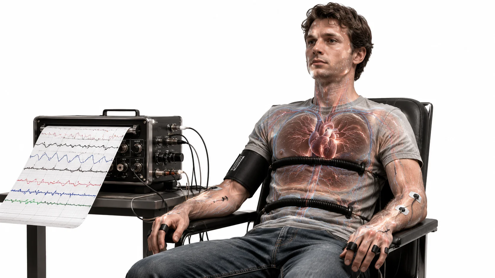 A person connected to polygraph sensors during a lie detector examination