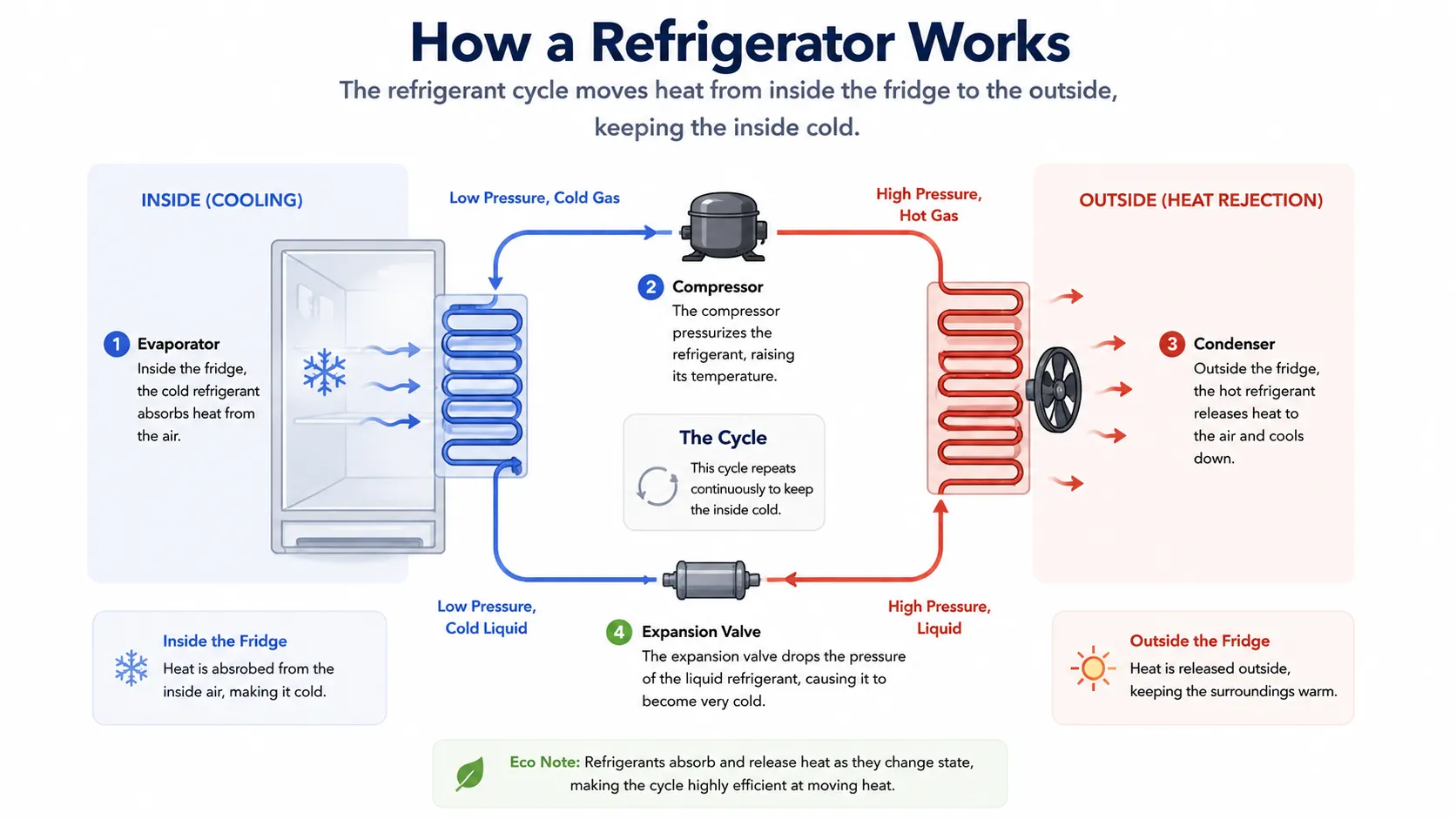 Diagram of refrigeration cycle showing evaporator, compressor, condenser, and expansion valve with refrigerant flow