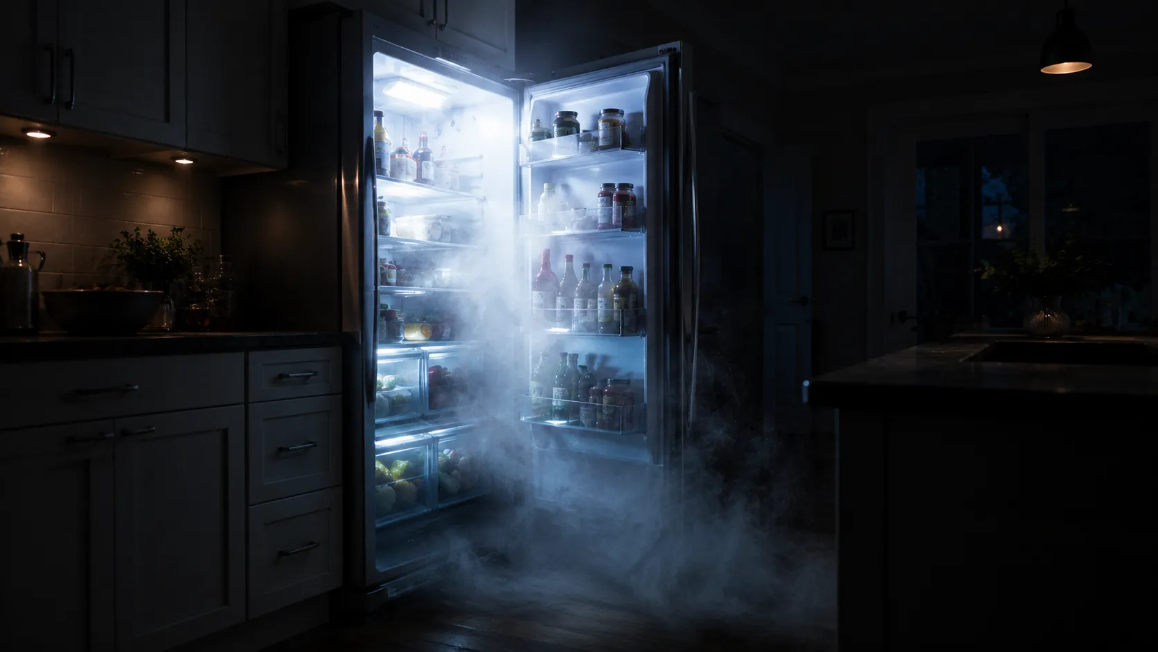 Open refrigerator showing cold interior with frost on the back panel