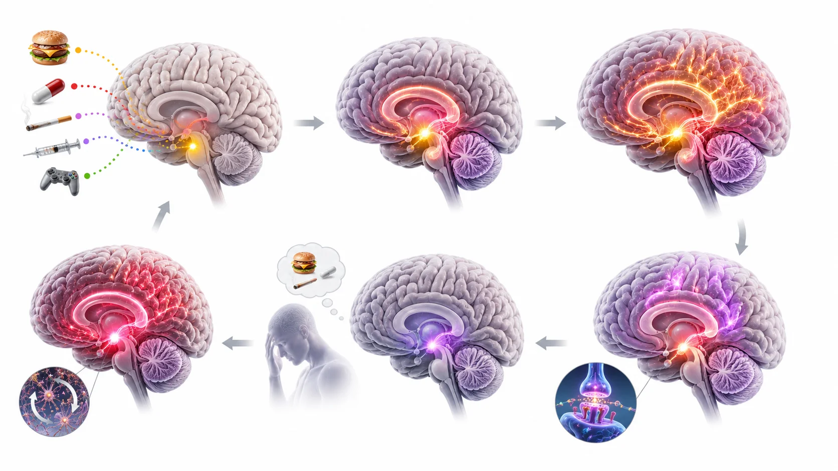 Diagram showing the brain's reward pathway and how repeated substance use alters dopamine signalling