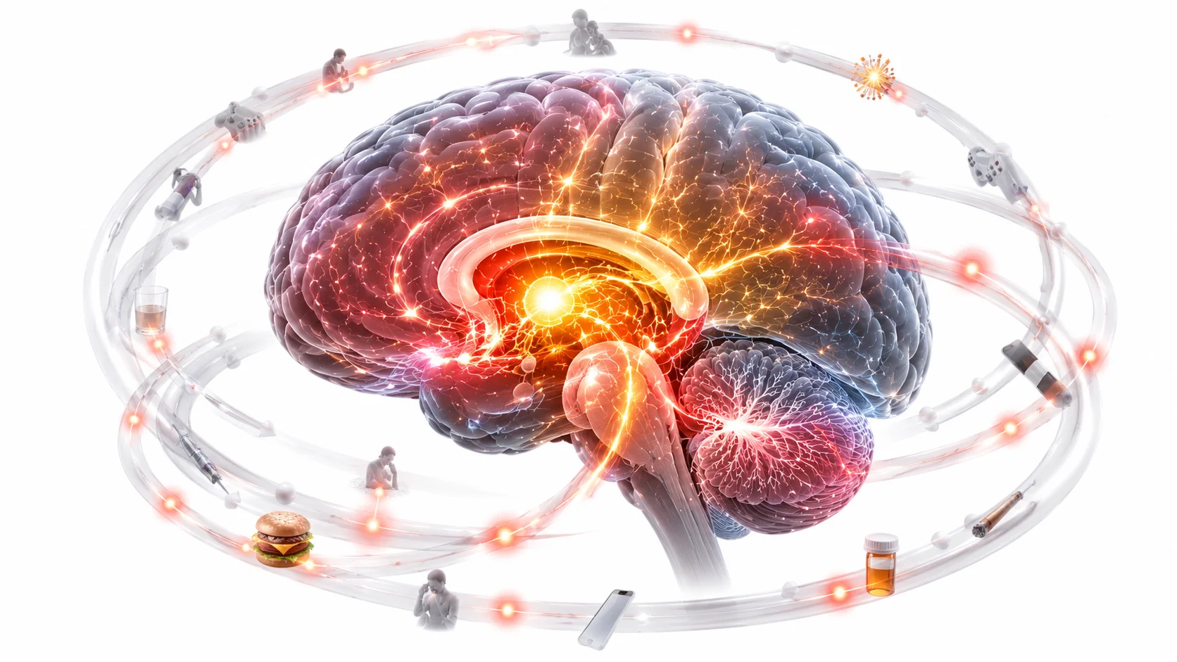 Visualisation of the brain's reward pathway with dopamine signals highlighted in the nucleus accumbens