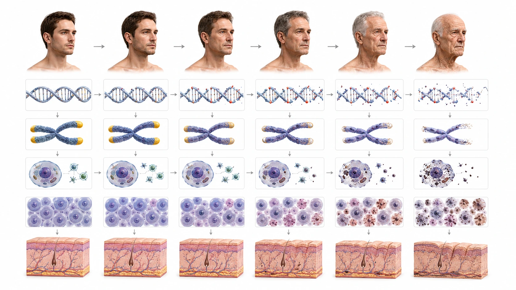Diagram showing telomere shortening, DNA damage, mitochondrial decline and cellular senescence as aging mechanisms