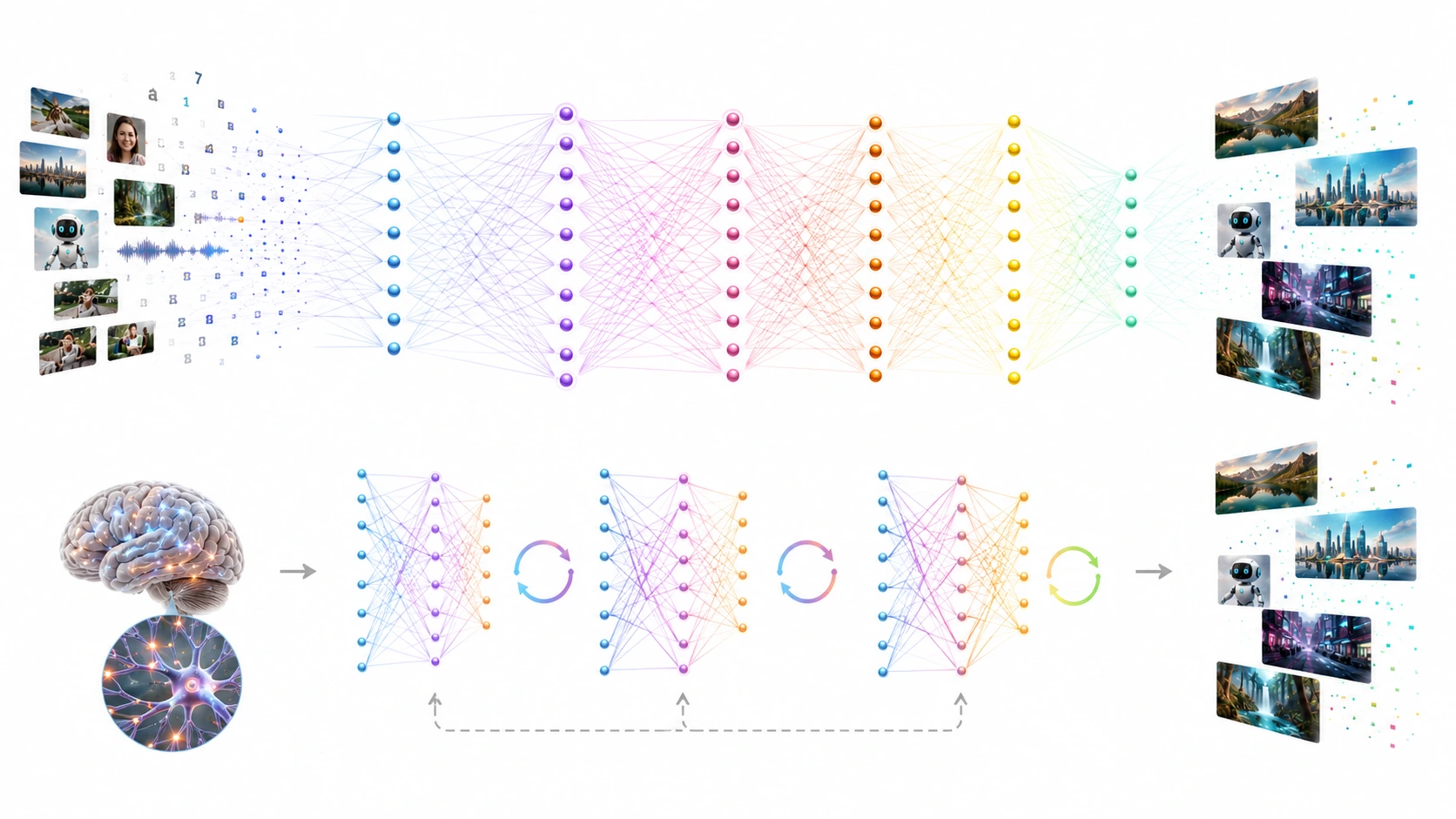 Diagram showing data input, neural network layers, output prediction and feedback loop in machine learning