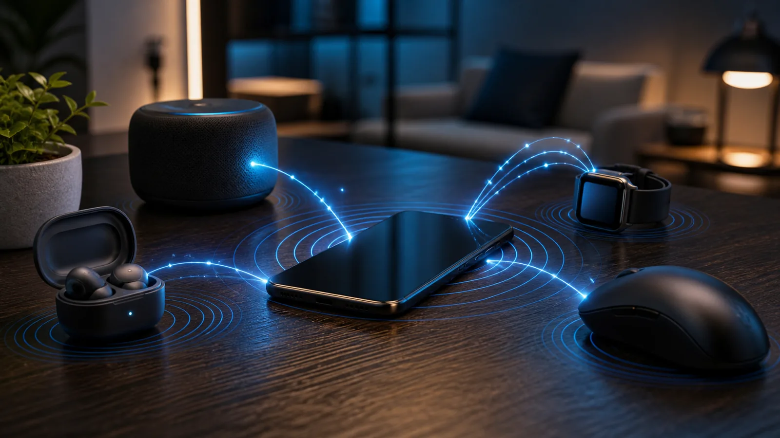 Abstract visualization of invisible Bluetooth radio signals connecting devices wirelessly through the air