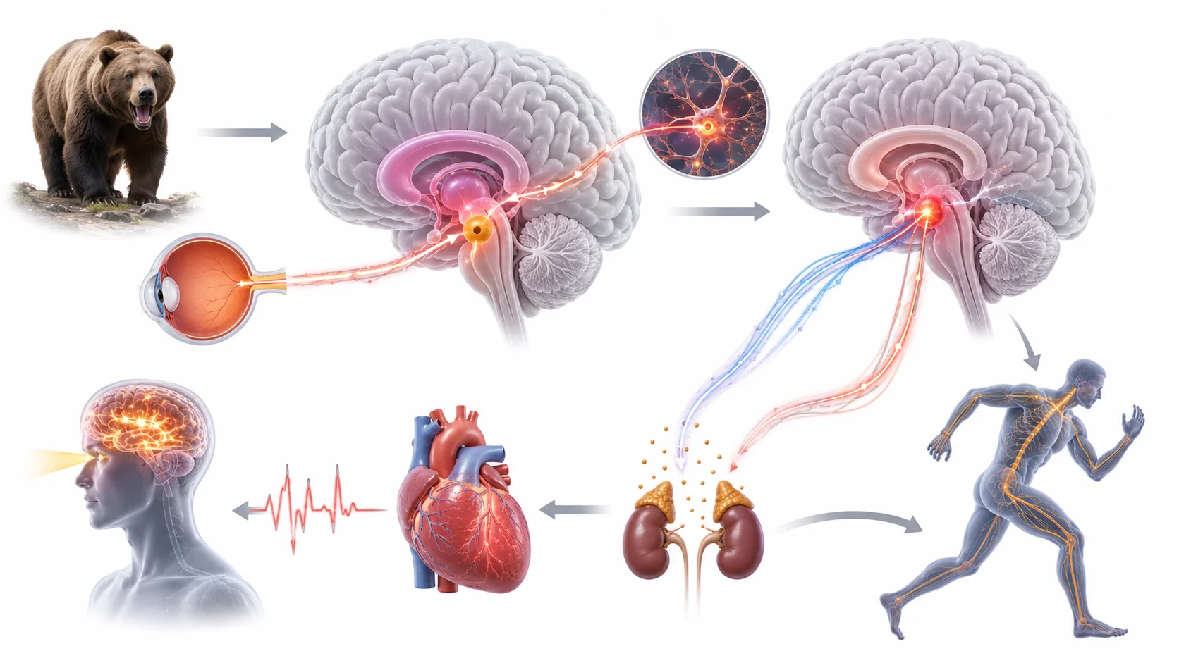 Diagram showing amygdala activation triggering hypothalamus response and physical fear symptoms throughout the body