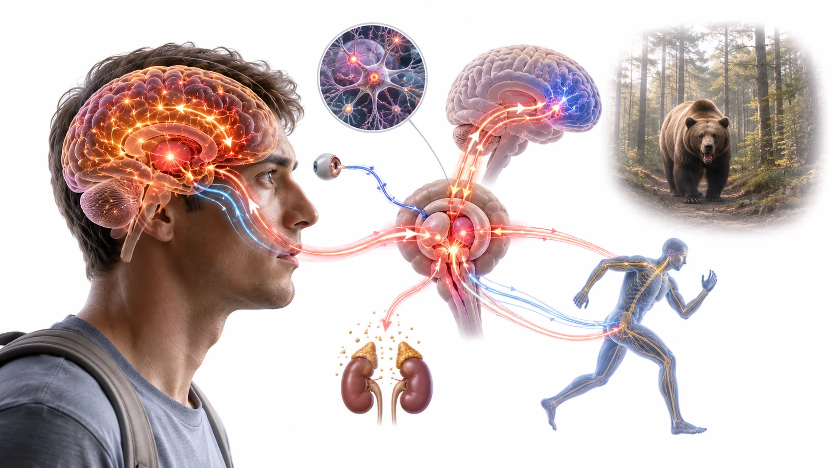 Human brain with the amygdala highlighted showing its central role in the fear response
