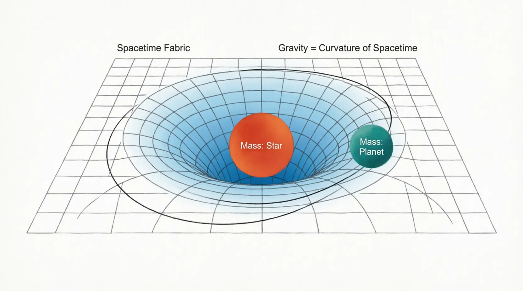 Diagram showing Earth curving spacetime and Moon orbiting along a geodesic