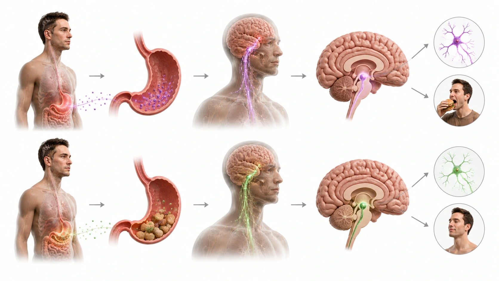Diagram showing ghrelin from stomach and leptin from fat cells sending signals to the hypothalamus which regulates appetite