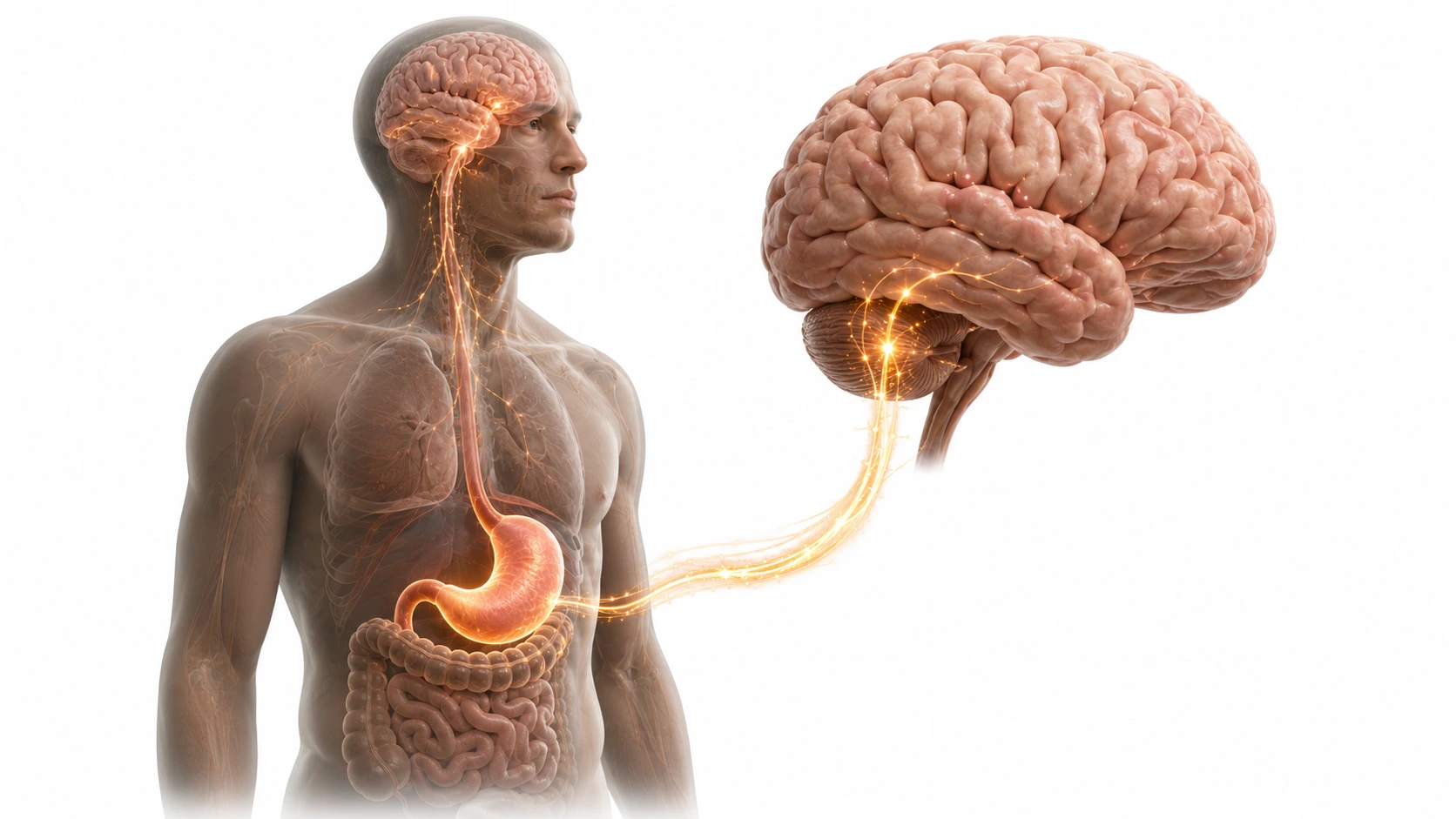 Anatomical illustration showing the hunger hormone signalling pathway from the stomach and fat cells to the hypothalamus in the brain