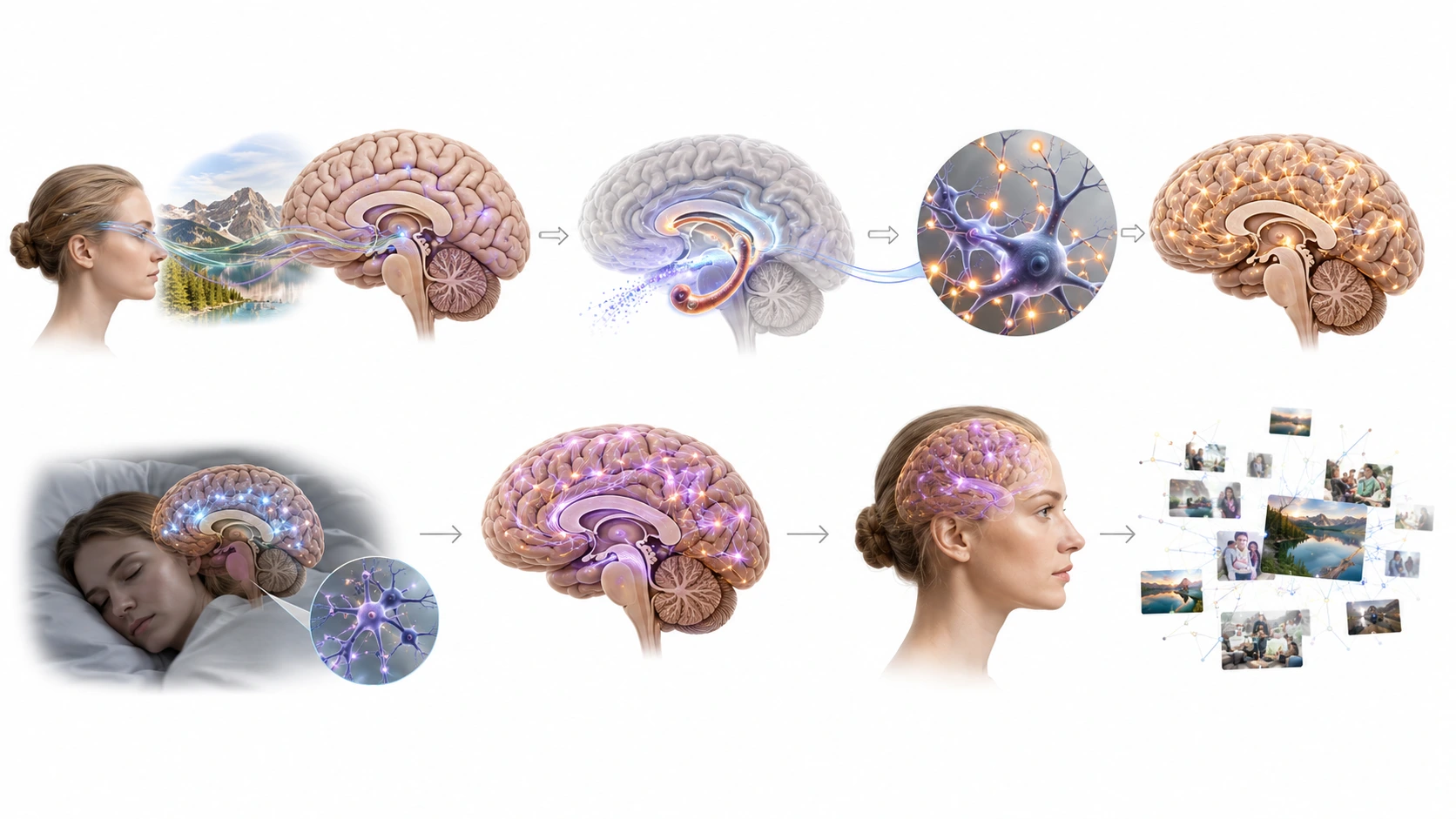 Diagram showing memory encoding, hippocampal processing, consolidation and retrieval