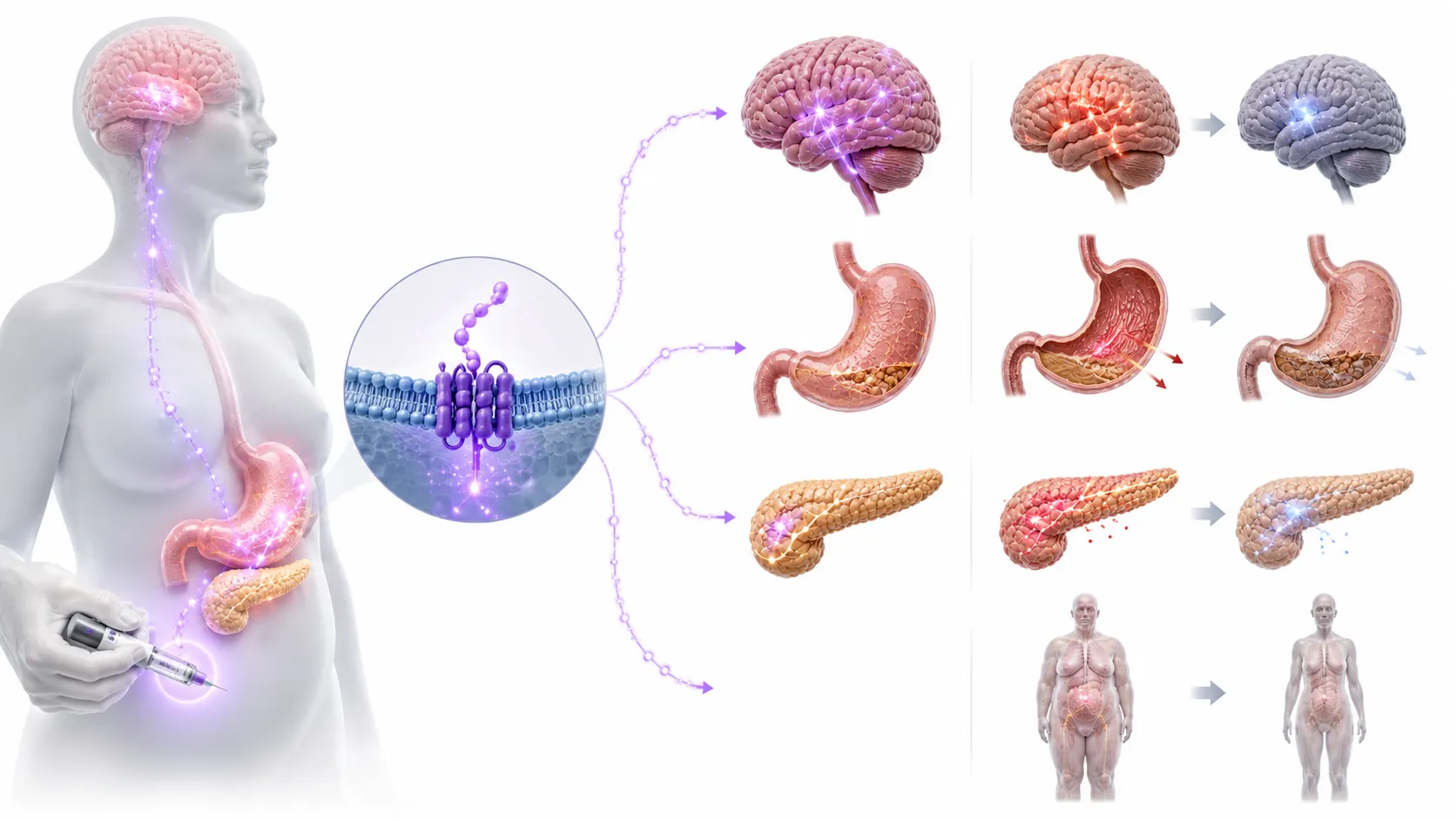 Diagram showing semaglutide's pathway from injection site through bloodstream to gut, pancreas, and brain