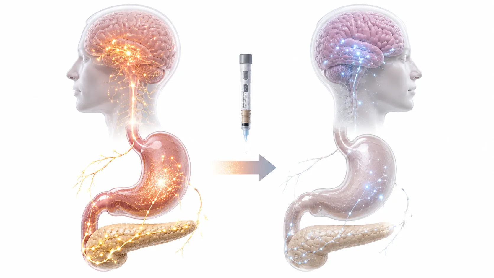 Illustration of GLP-1 hormone pathway from gut to brain and pancreas