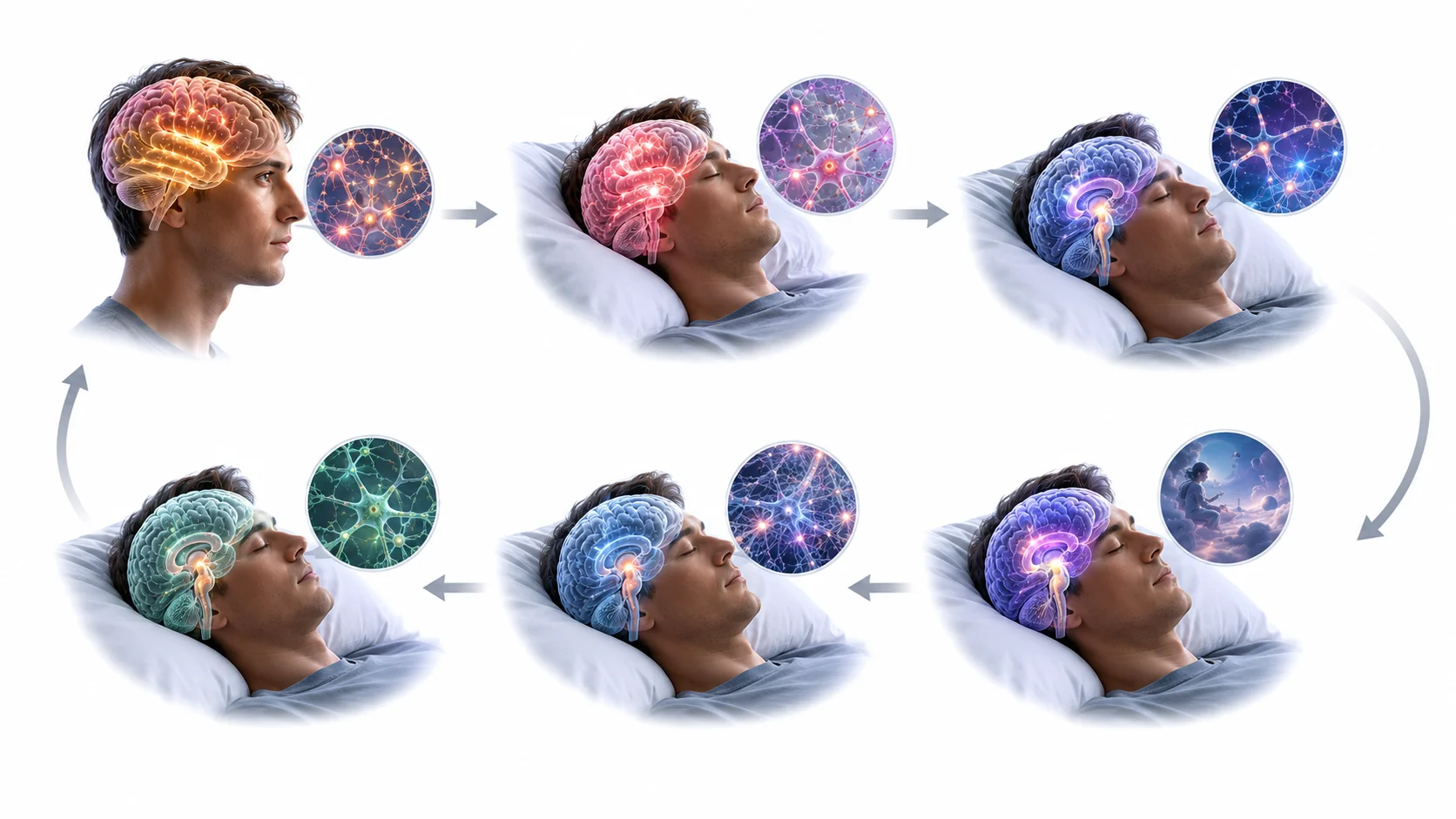 Sleep architecture diagram showing cycles of N1 N2 N3 deep sleep and REM sleep through a full night