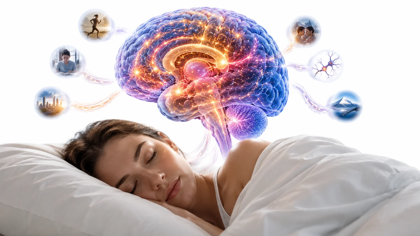 Side view of a sleeping person with an overlay showing brain activity patterns during different sleep stages