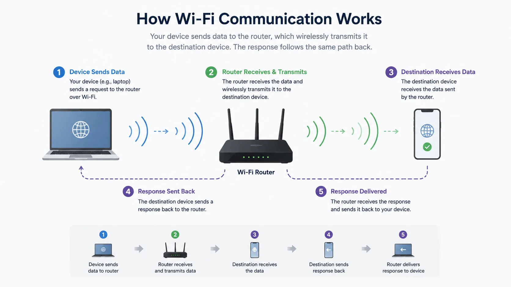 Diagram showing data flow from internet server to modem to router to device wirelessly