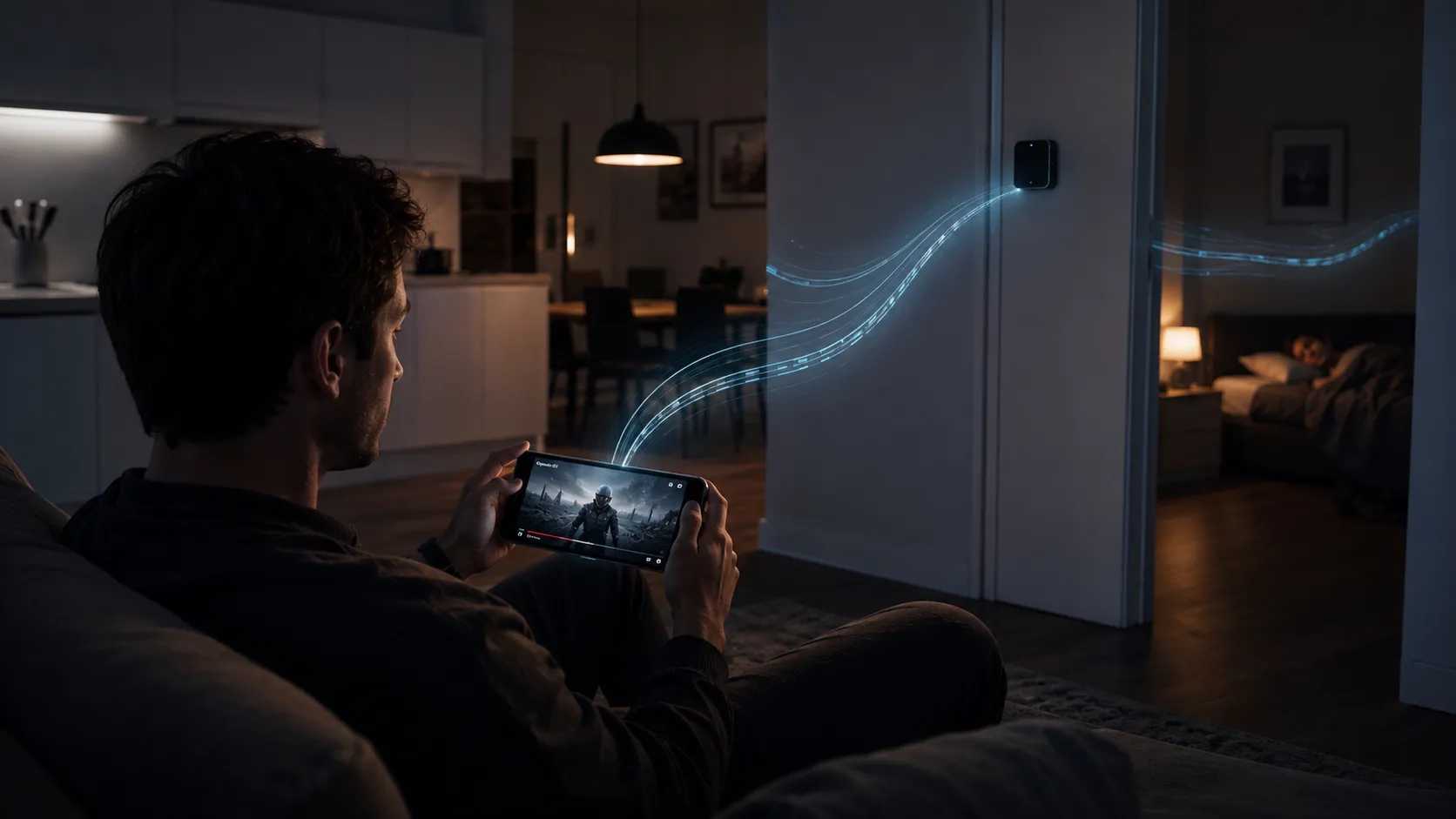 Illustration of a router sending wireless signals to a laptop, phone, and tablet in a room