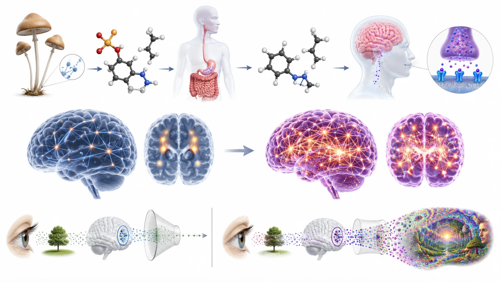 Scientific diagram showing how psilocybin affects serotonin receptors and brain connectivity