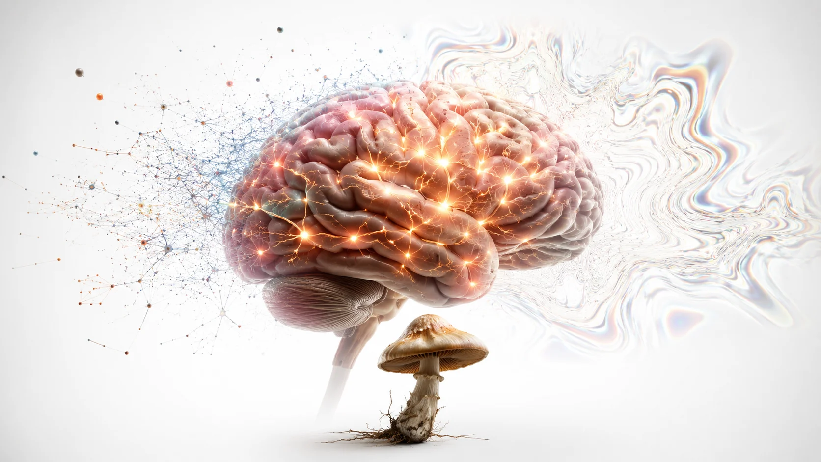 Educational editorial illustration of a human brain with glowing neural pathways