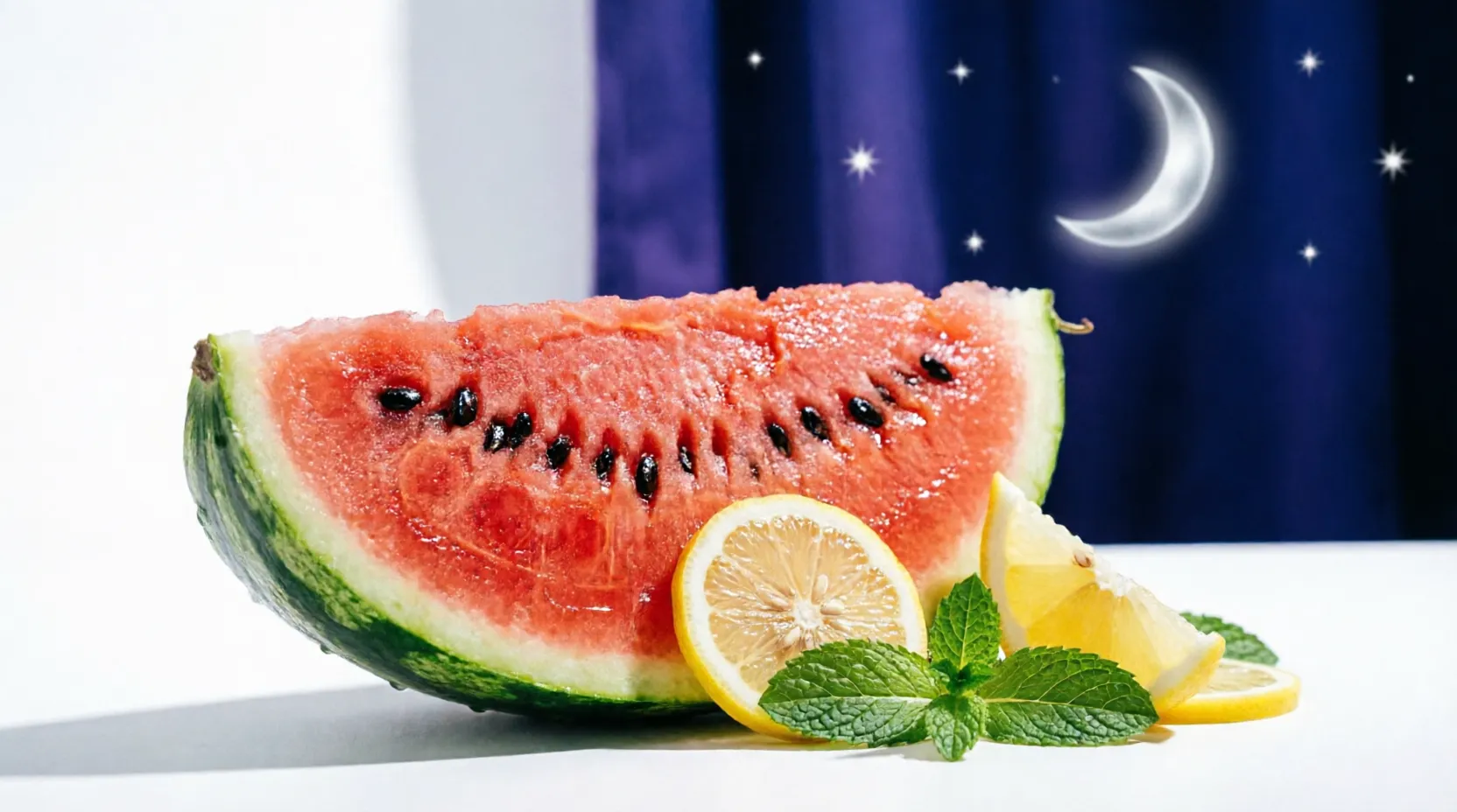 A slice of bright red watermelon against a dark night sky background
