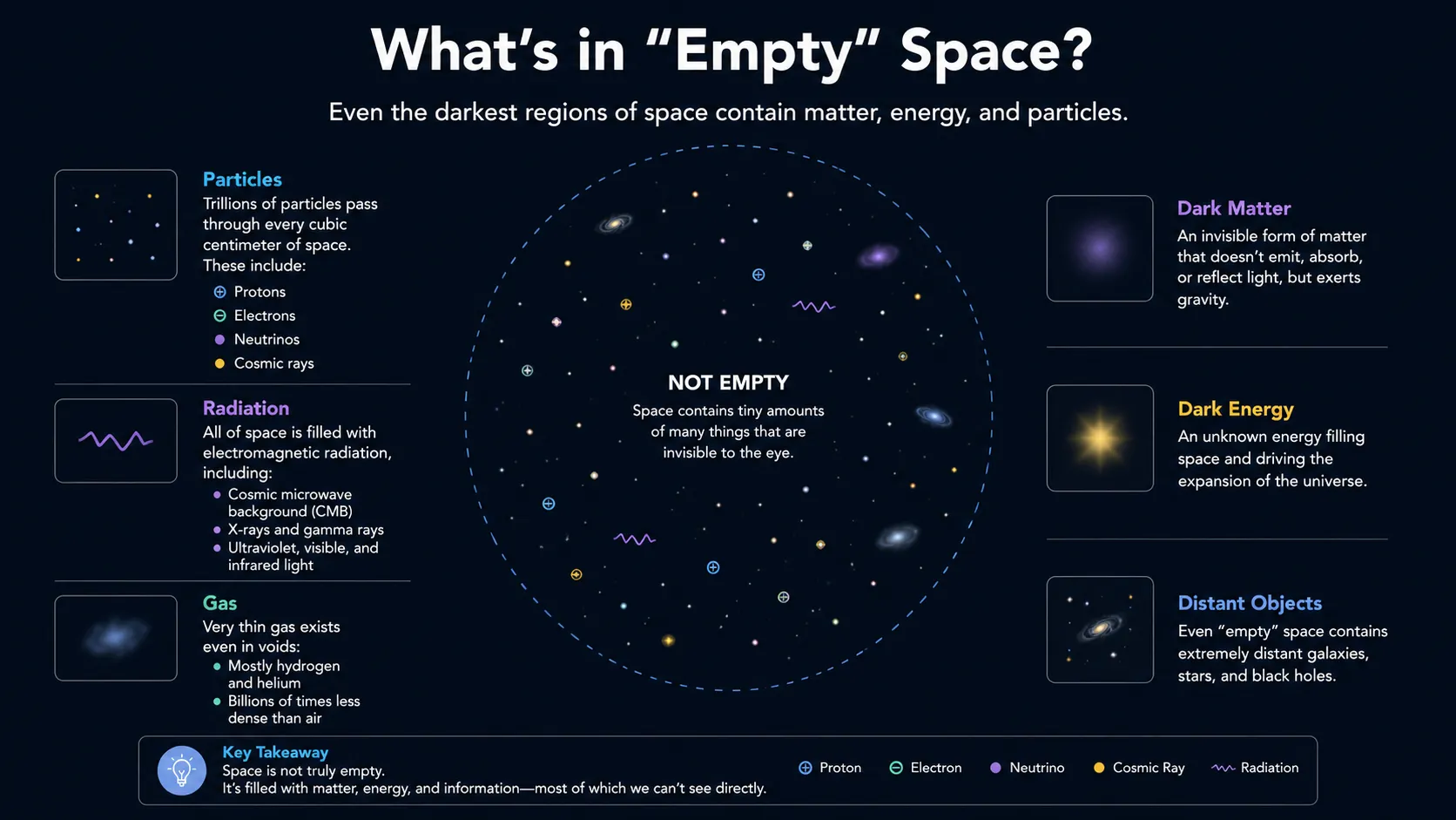 Diagram showing interstellar medium, cosmic microwave background radiation, dark matter distribution, and quantum vacuum fluctuations