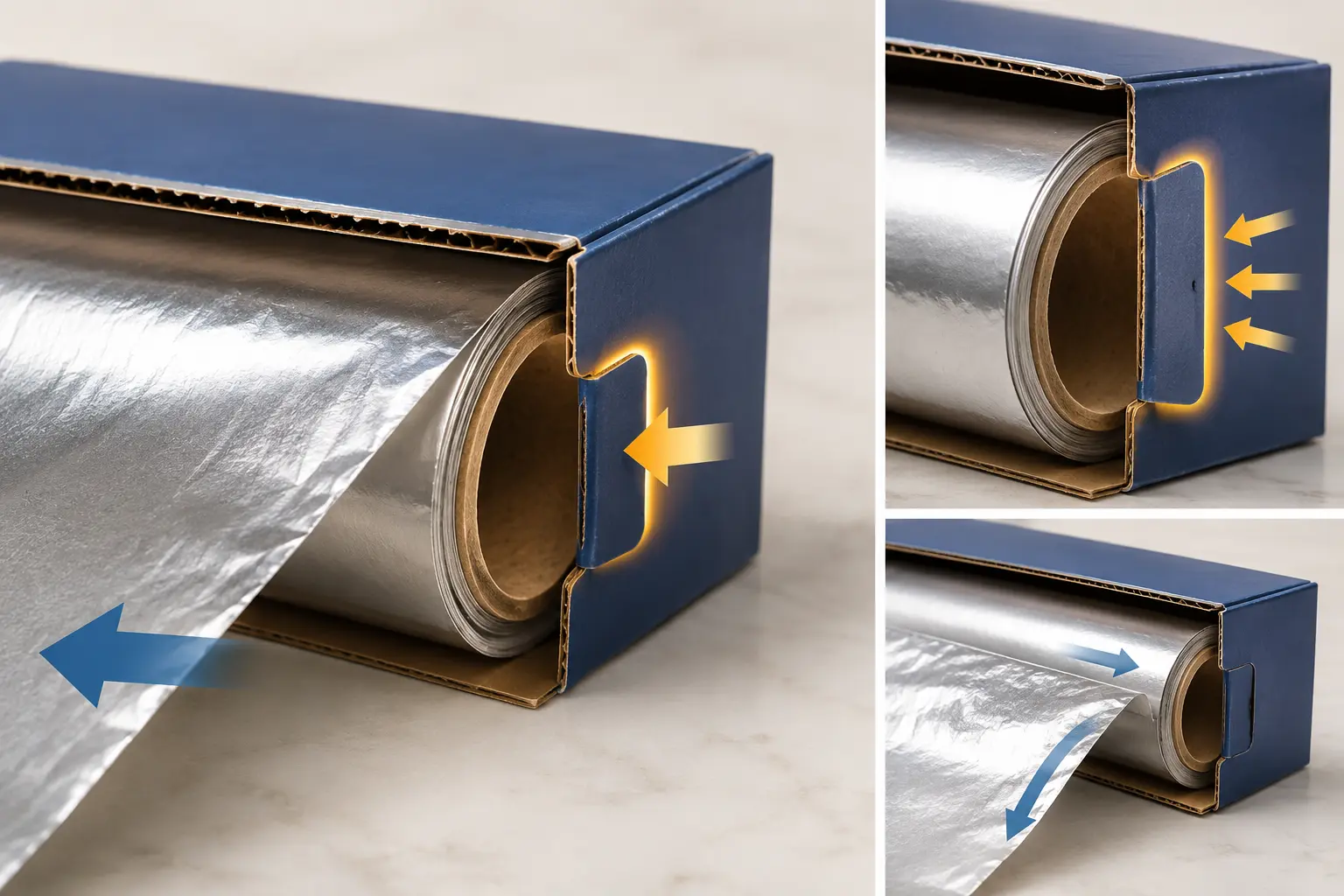 Cutaway diagram of a foil box showing the end lock tab pressed into the hollow cardboard roll core