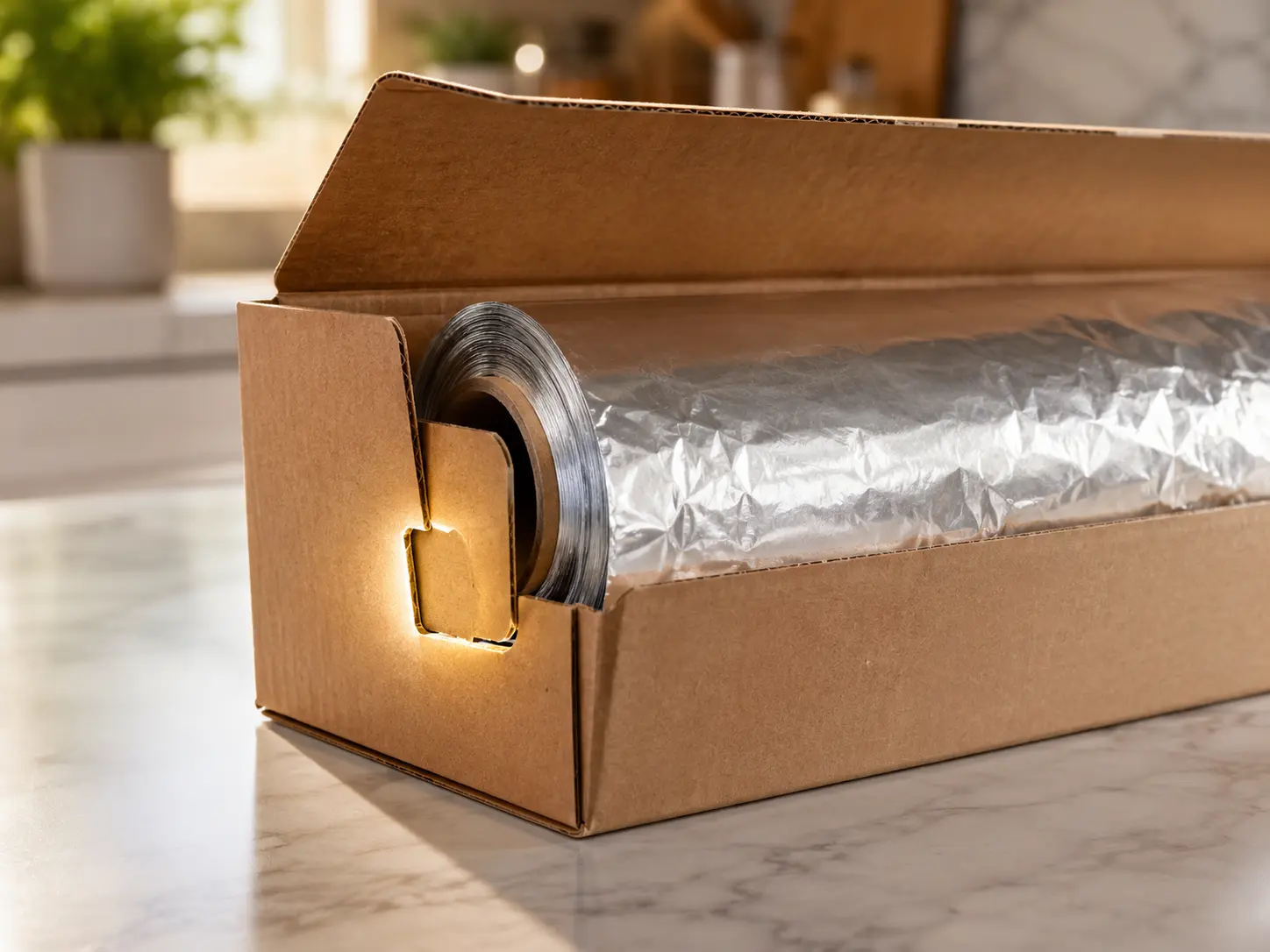A box of aluminum foil with the side tab highlighted, shown being pressed inward