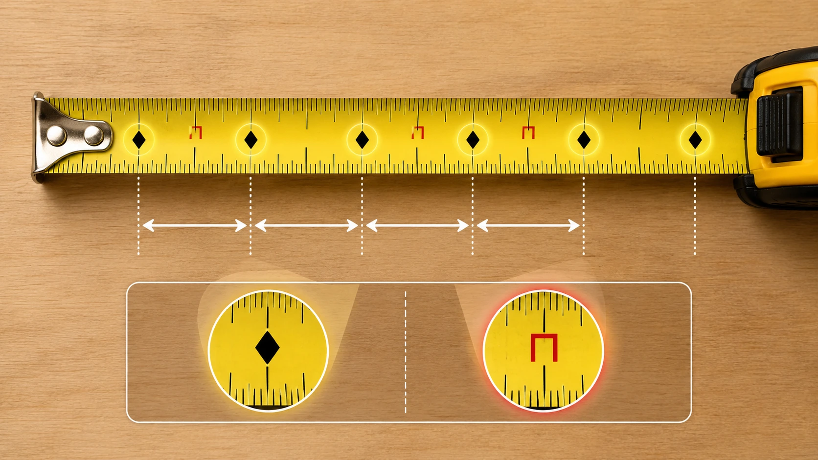 Diagram of a tape measure showing five black diamond positions across an 8-foot span