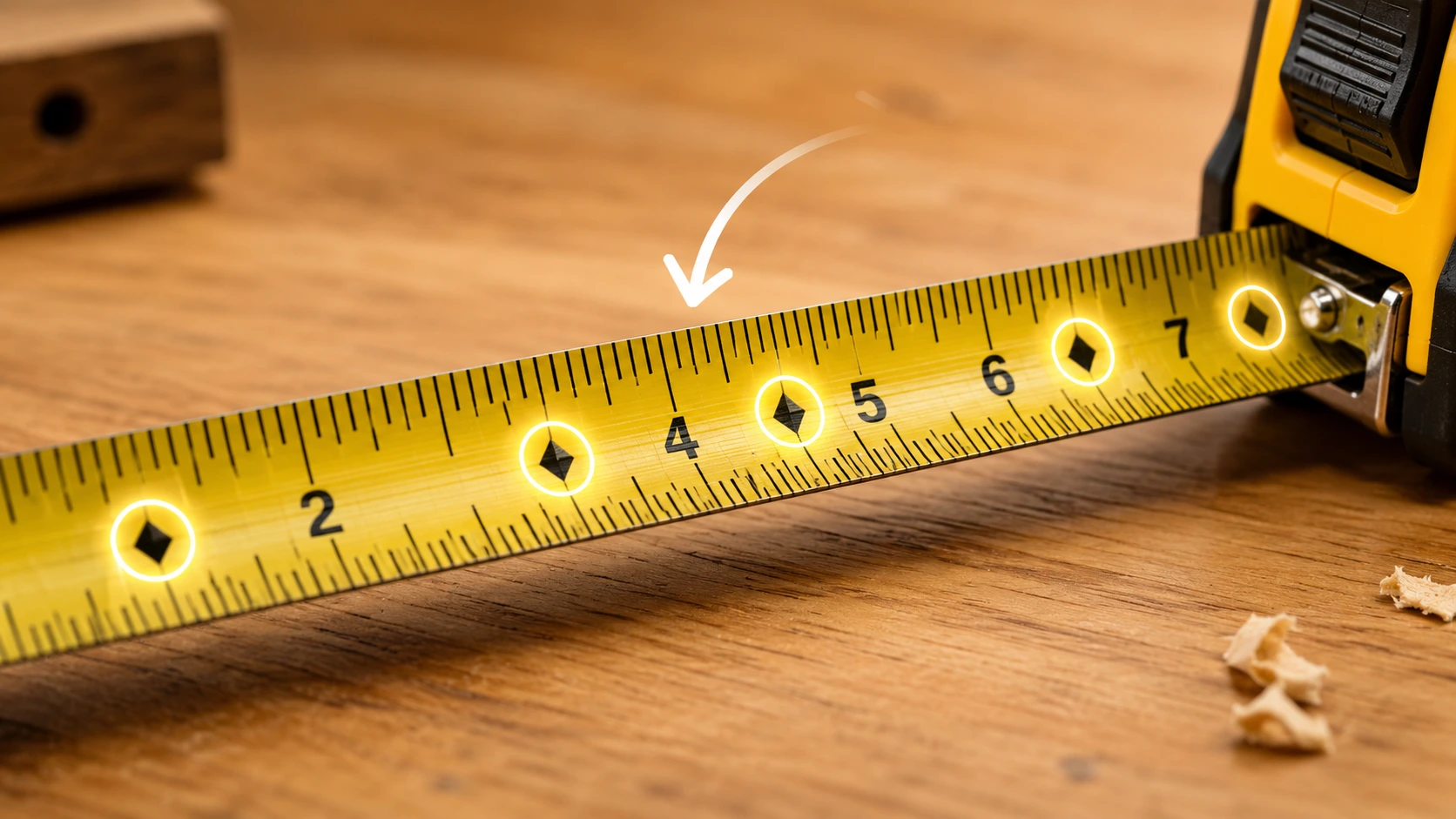 Close-up of a tape measure with the black diamond marks highlighted