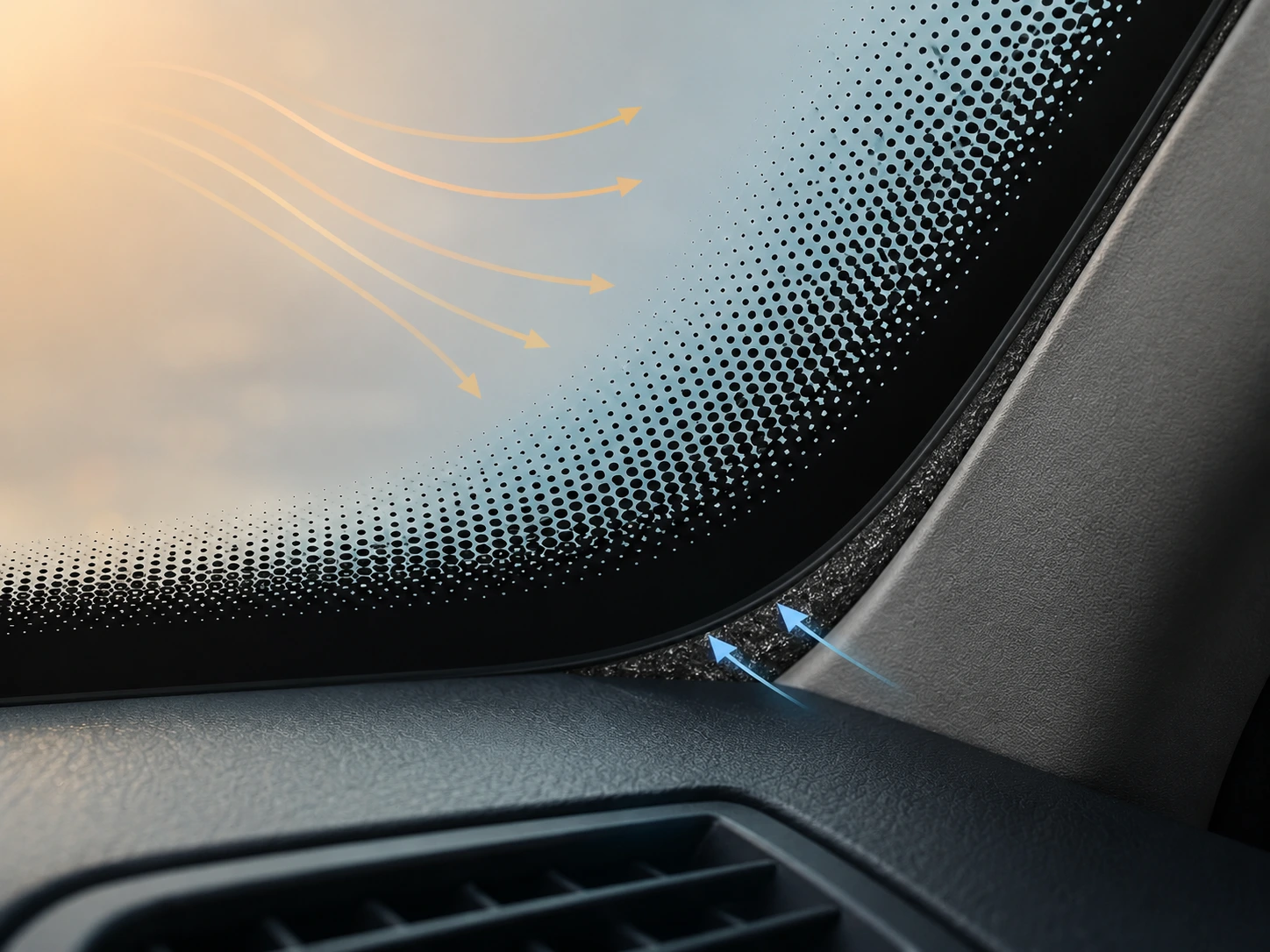Diagram of a windshield with frit band and dot matrix labeled with four callout zones