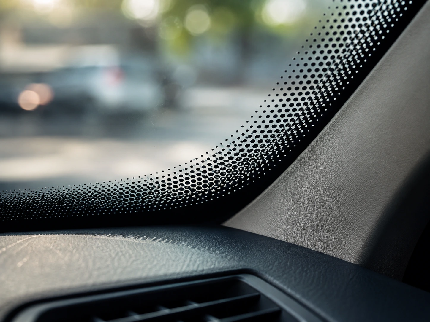 Close-up of a car windshield corner showing the frit band and black dot gradient pattern