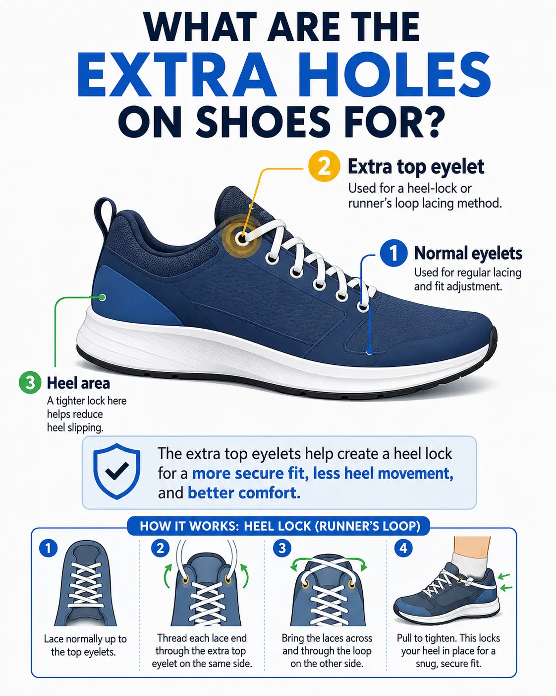 Diagram showing normal shoe eyelets, the extra heel lock eyelet, and heel counter